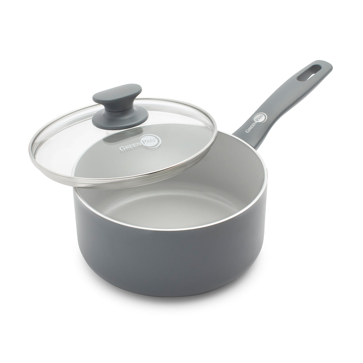 Gray ceramic 2.25-qt saucepan with a long handle and glass lid, lid shown slightly open on a white background.