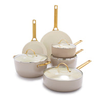 Reserve Ceramic Nonstick 10-Piece Cookware Set | Taupe with Gold-Tone Handles