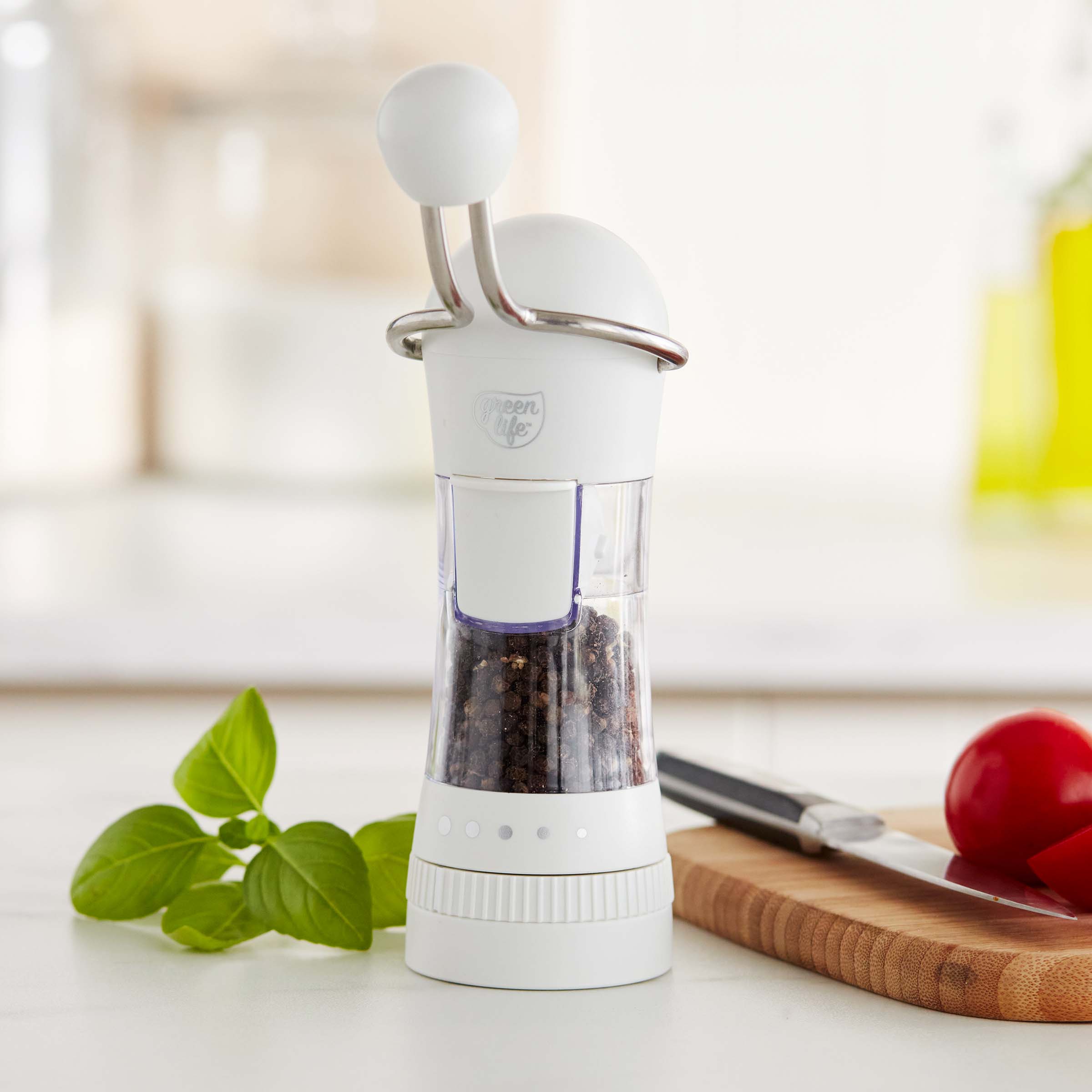 GreenLife Salt and Pepper Grinder, Mess-Free Ratchet Mill, Adjustable Coarseness and Easily Refillable, White 1/3 Cup Capacity